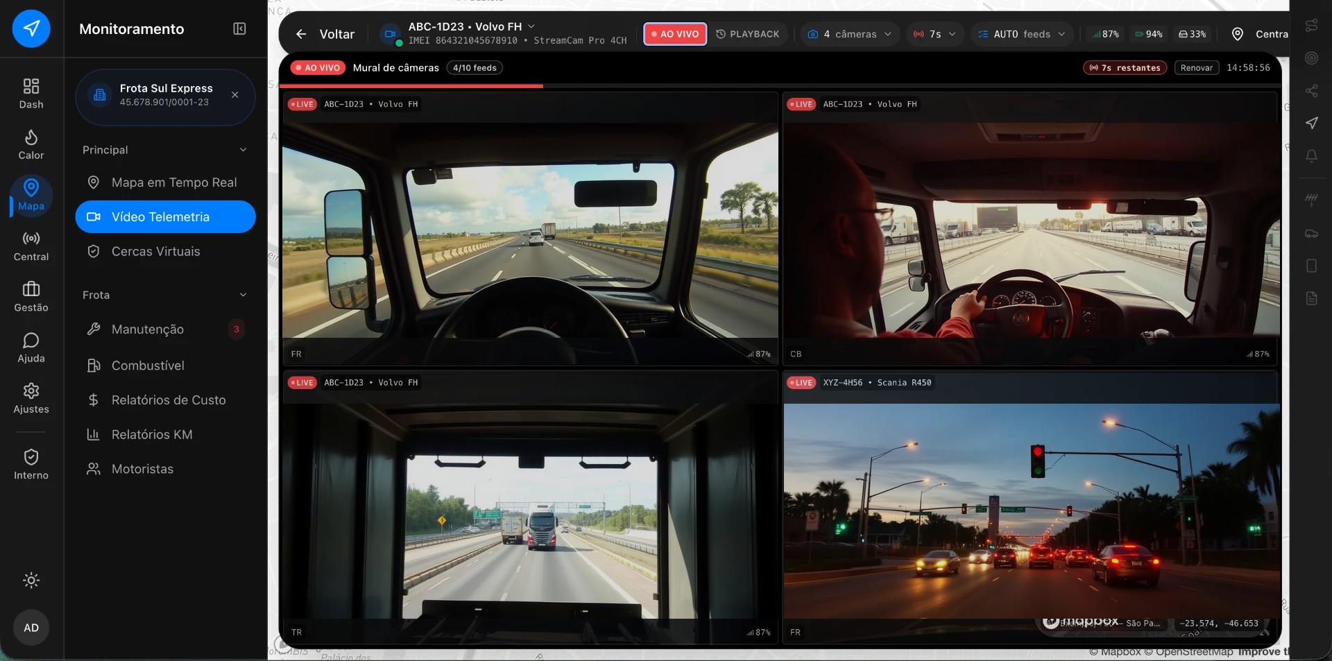 Mural de câmeras de vídeo telemetria da TracknMe com quatro feeds ao vivo de frota