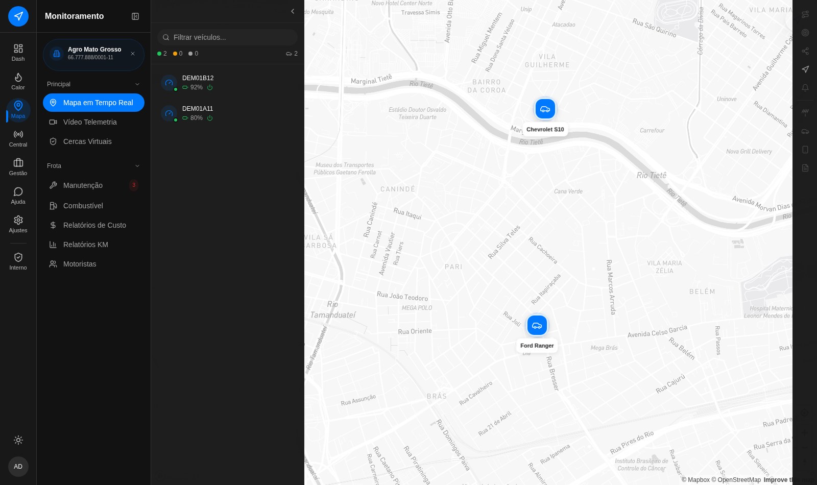Tela do mapa ao vivo da plataforma de rastreamento TracknMe