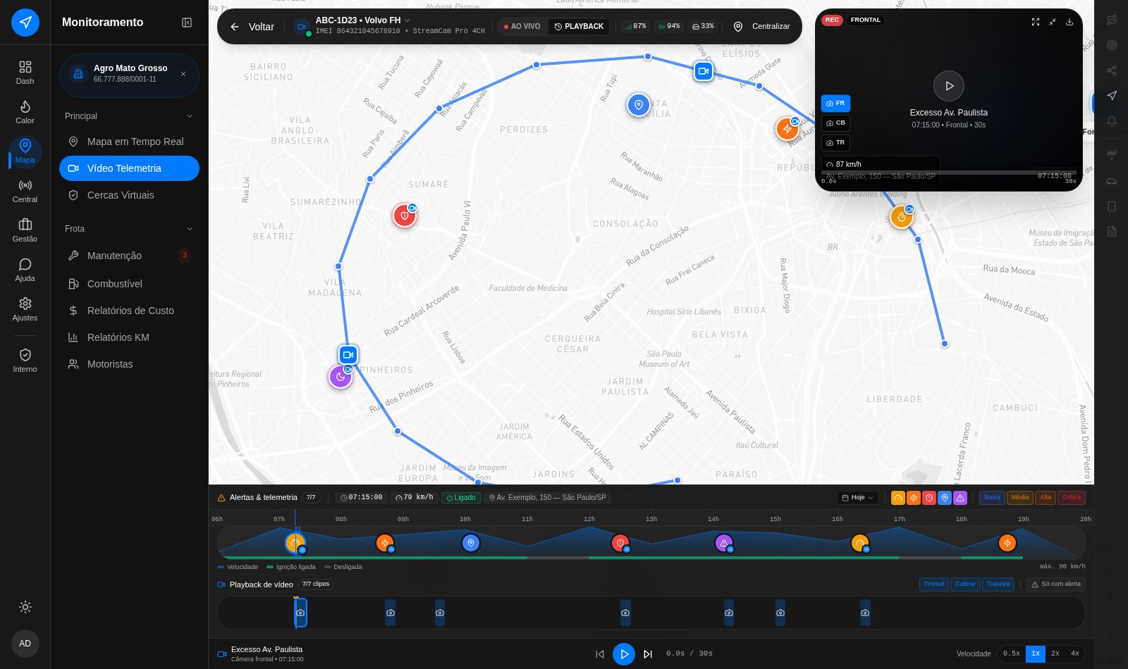 Console de vídeo telemetria com quatro câmeras e linha do tempo de eventos